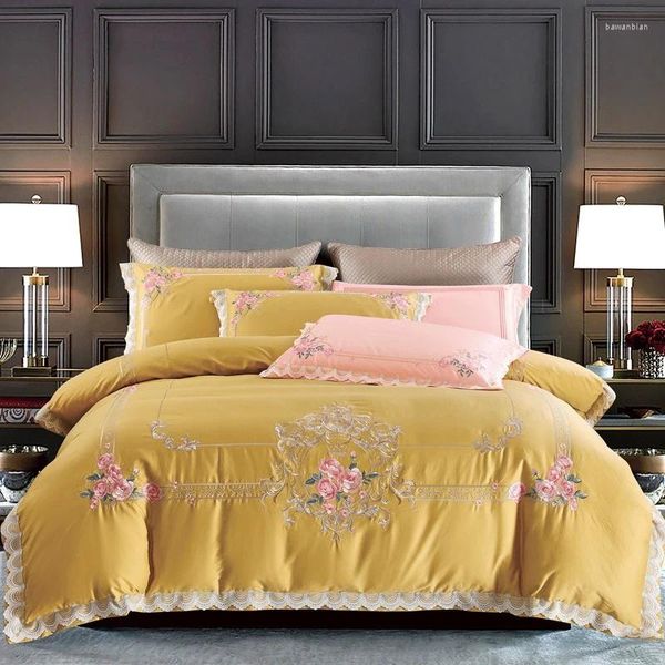 Ensembles de literie Luxury Jaune Rose Blue 1000TC Coton égyptien Coton Floral Ensemble dentelle Double couette Cover Lit Sheet