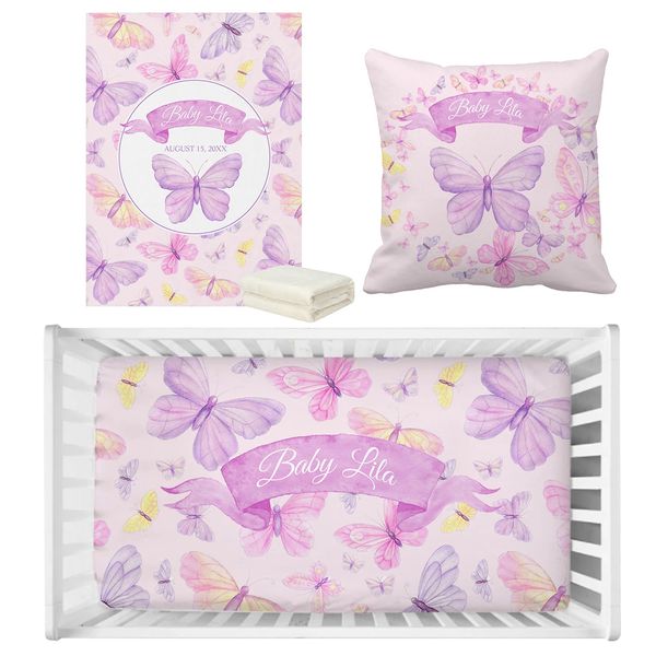 Ensembles de literie LVYZIHO nom personnalisé beau papillon rose et violet bébé ensemble de literie cadeau d'anniversaire enfant en bas âge cadeau bébé douche ensemble de literie 231202