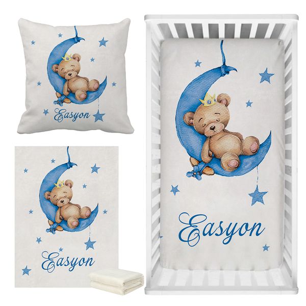 Juegos de ropa de cama LVYZIHO Nombre personalizado Oso durmiente Juego de cama de cuna azul Juego de cama de oso durmiente Dormir en la luna Juego de regalo para baby shower 230925