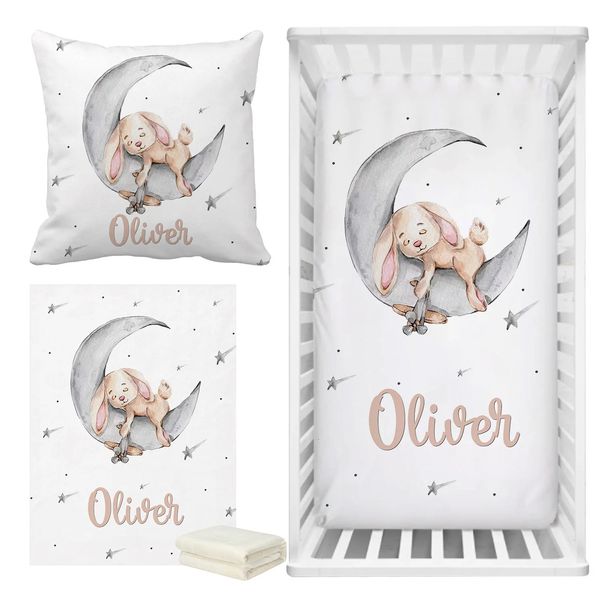 Ensembles de literie LVYZIHO Sleeping Bunny Nom personnalisé Ensemble de berceau Sommeil sur la lune Cadeau de douche de bébé 231011