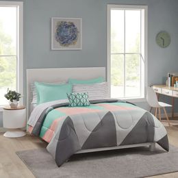 Beddengoedsets Mainstays grijs en blauwgroen geometrisch 8-delig bed in een tas dekbedset met lakens volledig 231009
