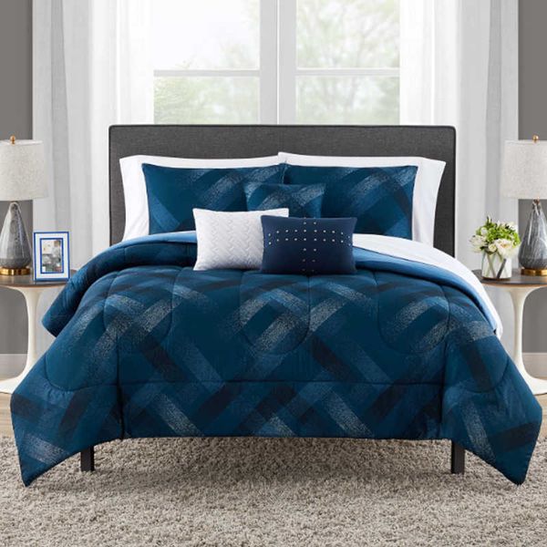 Juegos de ropa de cama Mainstays Navy Plaid 10 Piece Bed in a Bag Juego de edredón con sábanas Queen Z0612