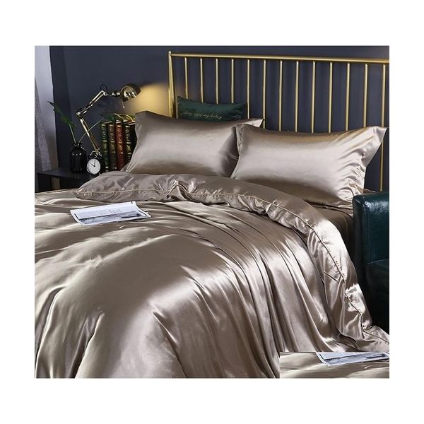 Conjuntos de ropa de cama Mberry Silk Set con edredón Er Fittedflat Bed Sheet Funda de almohada Luxury Satin Bedsheet Color sólido King Queen Twin Drop De Dhkxk