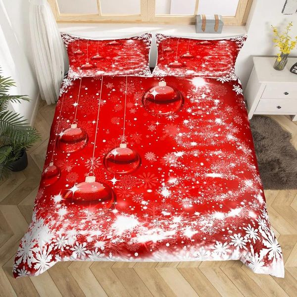 Conjuntos de ropa de cama Feliz Navidad Juego de funda nórdica Campanas de Navidad rojas 3 piezas Fantasía Árbol de nieve Edredón Año Festival Edredón