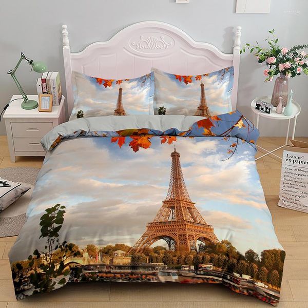 Juegos de cama Funda nórdica floral de microfibra Conjunto romántico de la Torre Eiffel Paisaje urbano de París Edredón doble para niñas Adolescente Habitación para adultos