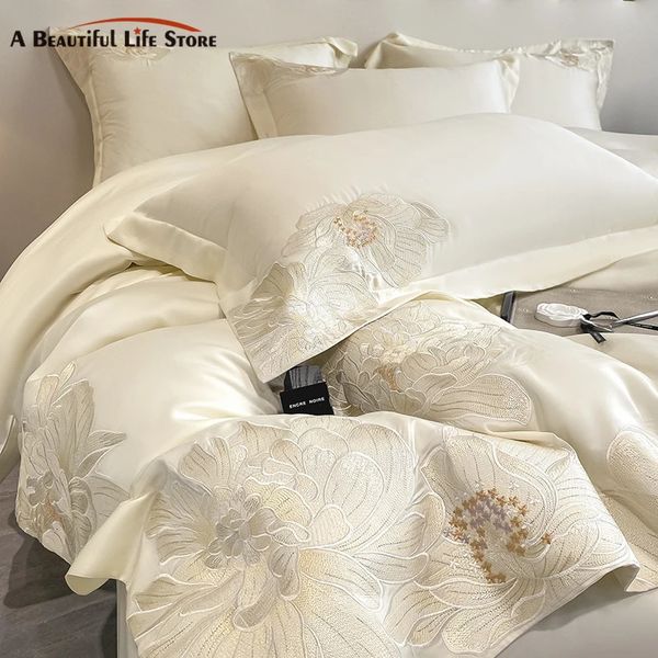 Juegos de ropa de cama Milkshake White 600TC Juego de cama con bordado de flores de algodón egipcio Juego de funda nórdica 100% algodón Sábana y funda de almohada Queen King 231101