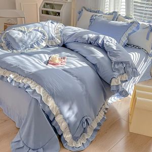 Beddengoed sets missdeer gewassen katoenset roupa de cama kanten ruches leerschaal met kussensloop voor meisjes wit en blauwe beddenkoffers