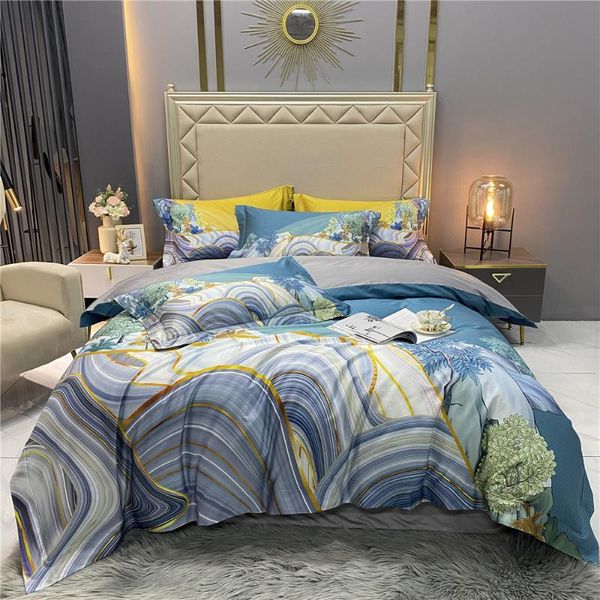 Conjuntos de ropa de cama Conjunto de cubierta de edredón moderno para cama King Size Sábanas de satén de algodón egipcio Verde Azul Colorido Lino Árboles Plantas Doble