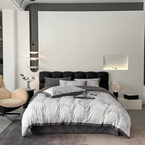 Juegos de cama Estilo moderno Gris Blanco Mármol Impreso Funda nórdica 100% Algodón Juego Suave Comy Sábana Fundas de almohada Tamaño completo Tamaño familiar Ropa de cama