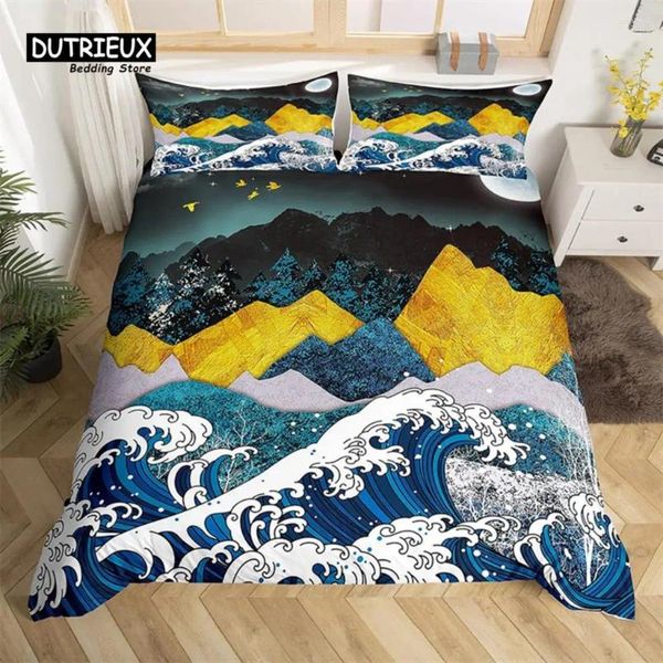 Ensembles de literie Housse de couette de montagne Microfibre Abstrait Paysage naturel Couette japonaise Wave Tree Moon Set King pour enfants adultes