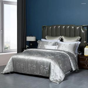 Sets de cama Mulberry Silk 19 mm Costando Beige plateado azul Jacquard King Flat Sheet Divet Cover 4 piezas Set personalización