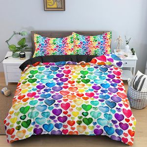 Ensembles de literie Ensemble de housse de couette multicolore Coeurs colorés Queen Size pour adolescent Microfibre Géométrique Dessin animé Amour Coeur Quilt 230919