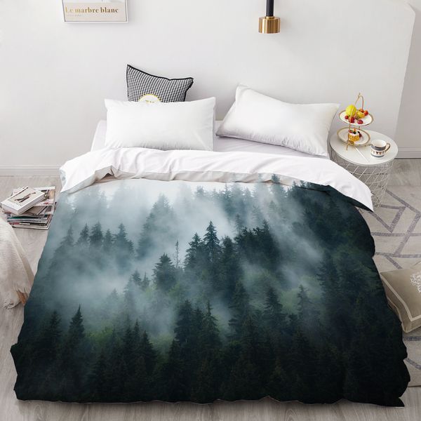 Ensembles de literie Nature Paysage Housse de couette King Queen Size Peinture à l'encre naturelle 3D Mountain Set Forest River Polyester Quilt 221206