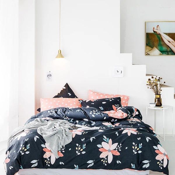 Juegos de cama de ropa de cama azul marino y durazno estampado de flores de verano Cubierta de tapa de la cubierta de algodón con sábanas planas de edredón de almohadas