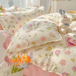 Beddengoed sets Nieuwe Cartoon Foral Print Polyester Beddengoed Set Full Size Zacht Dikker Dekbedovertrek Set met Vlakke Dekbedovertrek en hoes Z0612