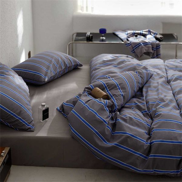 Juegos de cama Juego de funda nórdica a rayas grises y azules nórdicas, juego de cama de tamaño de algodón, fundas de sábanas R230901