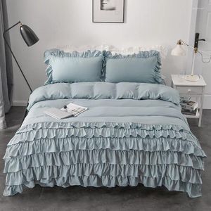 Beddengoedsets Nordic Kantenrand Effen Kleur Set Strik Meisje Schattige Prinses Stijl Katoenen Laken Dekbedovertrek Kussensloop