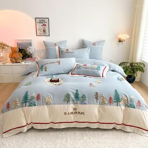 Beddengoed sets Noordse stijl 3D cartoon patroon plat set voor kinderkamer decor katoenen stof borduurwerk hemel blauw bedreiging