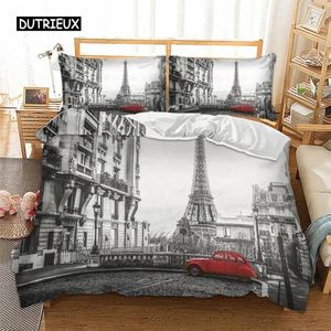 Conjuntos de ropa de cama Regalo novedoso Torre de París Red Car Polyester Juego romántico de London City Edredón Nórdico Cubierta de almohada 2/3pcs