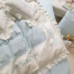 Juegos de cama OLOEY Juego de algodón egipcio Funda nórdica suave Sábana plana Fundas de almohada Princesa Diseño de encaje 4PCS