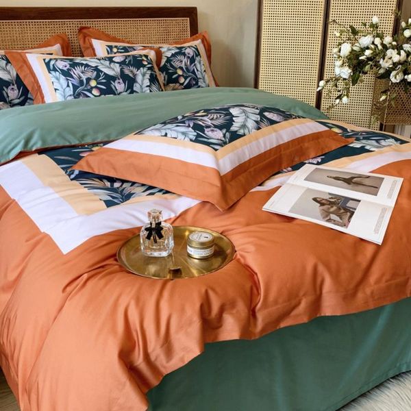 Juegos de cama Juego de estilo europeo naranja Pastoral Satén Algodón egipcio Lujo Lino Grils Funda nórdica suave Colcha