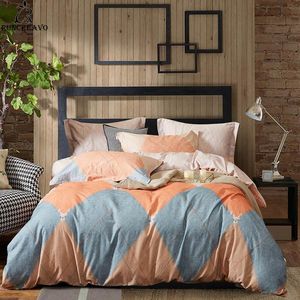 Conjuntos de ropa de cama Naranja Gris Plaids Cepillado Lijado Conjunto de algodón Impreso Ropa de cama gruesa Sábana ajustable Funda de almohada Funda nórdica