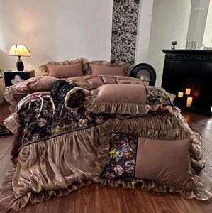 Conjuntos de ropa de cama Conjunto de funda nórdica con volantes de encaje de organza 4/6 piezas Vintage Chic Brown 1000TC Algodón para niñas Bedskirt Fundas de almohada