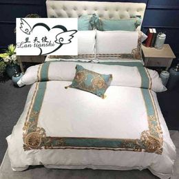Juegos de cama Oriental bordado de lujo de algodón egipcio blanco Royal Queen King size el Juegos de cama Funda nórdica Juego de sábanas 2390