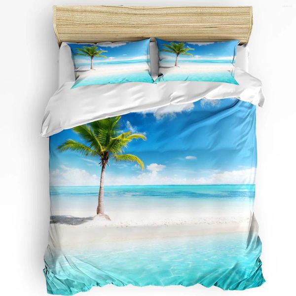 Juntos de ropa de cama Palm Tree Sea Beach Sky Clouds White Clouds 3 PPCs para la cama Doble Home Textile Textiles de la cubierta edredón de la almohada