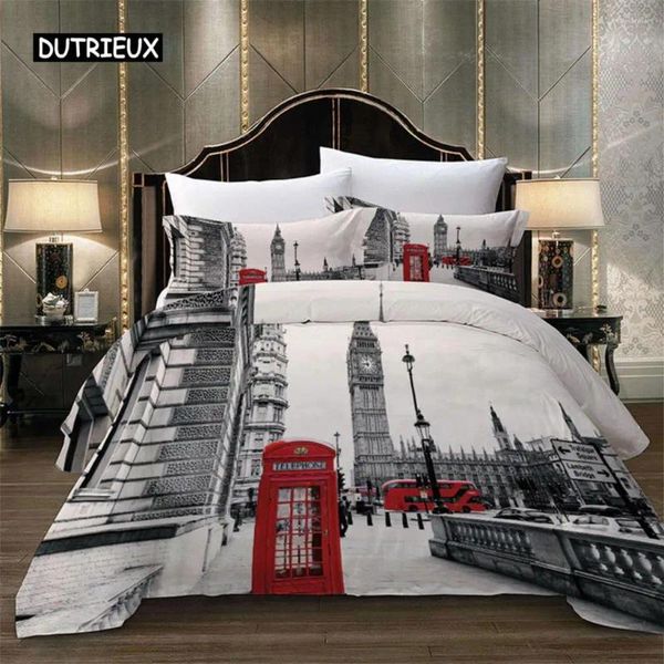 Sets de ropa de cama Tower Paris London City Scenery Big Ben Red Booth Impresión de autobuses Estampado de edredones de edredones de la almohada de la almohada de la almohada de la almohadilla