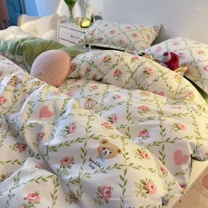 Beddengoed Sets Pastorale Cartoon Beer Dekbedset Leuke Ins Dekbedovertrek Laken Zacht Polyester Voor Meisje Bloem Enkele Maat Sprei