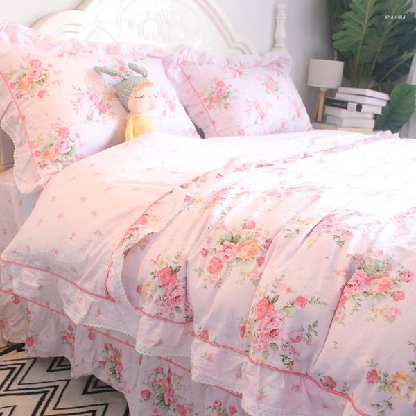 Juegos de cama Juego de ropa de cama Pastoral Coreano Funda de edredón floral rosa Algodón puro Estampado púrpura Sábana de cama de rosa romántica francesa 2 personas