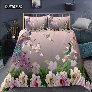 Ensembles de literie Paon Housse de couette Fleur de prunier Décor Ensemble King Taille Grue Plume Motif Floral Romantique Polyester Couette