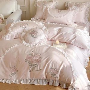 Ensembles de literie Rose 1000TC coton égyptien Rose fleurs broderie dentelle volants filles ensemble de mariage housse de couette drap de lit taies d'oreiller