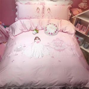 Ensembles de literie rose 600TC Coton égyptien Coton mignon dentelle Robe princesse broderie fille cover de couette