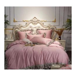 Ensembles de literie Rose Bleu Vin Rouge Coton égyptien Ensemble Queen King Dentelle Couette Er Drap de lit / Taies d'oreiller décoratives Oreiller Drop Deli DHCBI