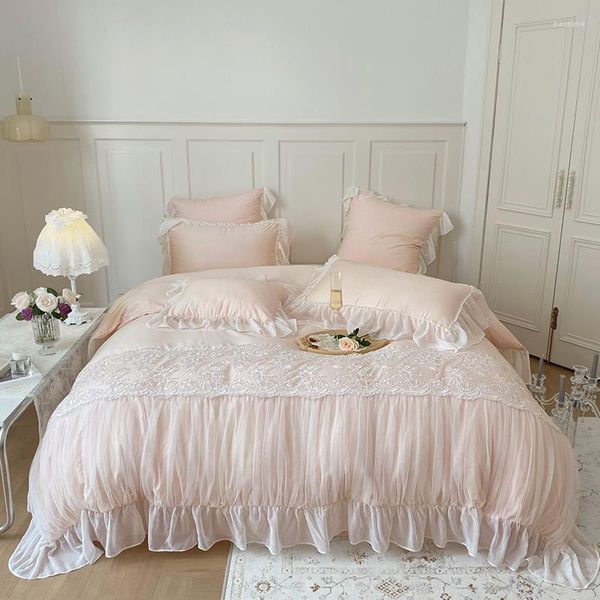 Ensembles de literie rose coton brossé ensemble dentelle housse de couette confortable avec drap housses de couette taies d'oreiller linge de lit pour filles Kit