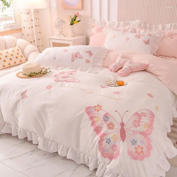 Ensembles de literie rose papillon broderie princesse ensemble volants 400TC lavé coton housse de couette couette taies d'oreiller en lin