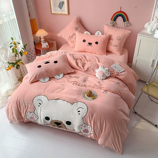 Juegos de cama Rosa oso de dibujos animados aplique bordado franela vellón terciopelo niña niño conjunto doble edredón sábana cama funda de almohada