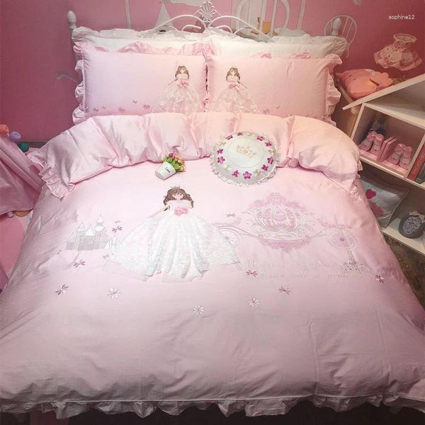 Juegos de ropa de cama caricatura rosa Princesa Embrodiery Egipcio Algodón de algodón Niña Juego de tapa de la cama de la cama de lino