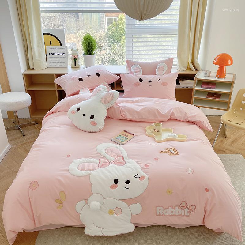 Conjuntos de ropa de cama Pink Cute Cartoon Apliques Bordado Algodón Niñas Set Funda Nórdica Banda Elástica Sábana Fundas de almohada