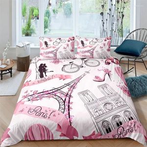 Beddengoed sets roze eiffeltoren dekbedovertrek romantisch thema king set microvezel Frans Paris Cityscape dekbed voor kindmeisje jongen