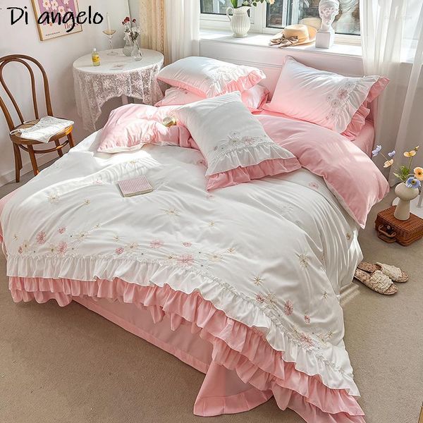 Juegos de cama Rosa bordado encaje boda regalos princesa colección suave conjunto edredón ropa de cama sábana plana fundas de almohada #/L