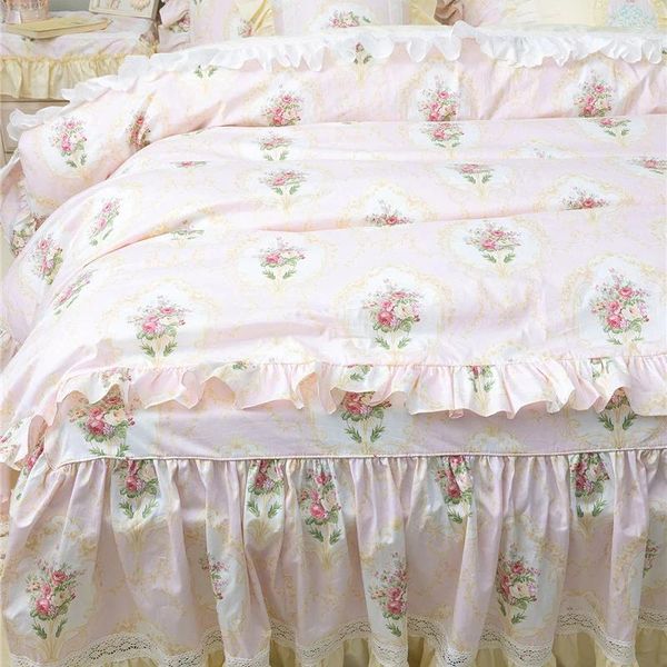 Conjuntos de ropa de cama Funda de cama francesa rosa Juego completo Retro Rosa Impreso Sábana de lino Funda de almohada Edredón Hogar Elegante Pastoral Bedingset