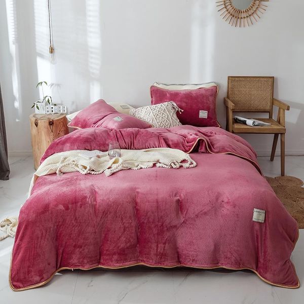 Conjuntos de ropa de cama Rosa Gris Púrpura Azul Color Sólido Invierno Grueso Tela de Lana Conjunto Terciopelo Franela Funda Nórdica Sábana/Lino Fundas de Almohada Ropa de cama