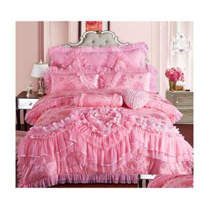 Ensembles de literie Rose Dentelle Princesse De Mariage Ensemble De Luxe Roi Reine Taille Soie Coton Tache Lit Couette Er Couvre-Lit Taie D'oreiller T200326 Drop Dhivh