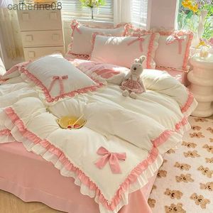 Juegos de cama de cama rosa encaje ruffle bowknot dórtono de tapa de la cama de la cama de la cama de lino