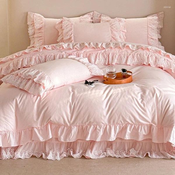 Juegos de ropa de cama Ruffles de encaje rosa Cubierta de edificio de algodón de estilo princesa coreano 1.5m 1.8m 2m Camas de almohada de cama de cama