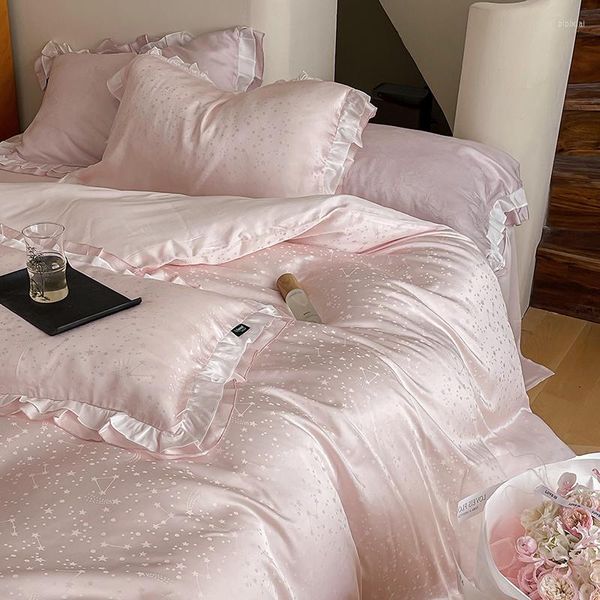 Ensembles de literie rose naturel Lyocell Fiber doux soyeux princesse ensemble Jacquard volants housse de couette drap de lit ou taie d'oreiller ajustée