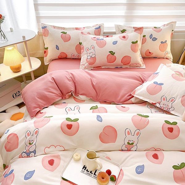 Juegos de cama Juego de melocotón rosa Dibujos animados Niños Funda nórdica Funda de almohada Sábana Niños Niñas Ropa de cama Ropa de cama de tamaño doble individual